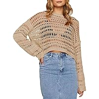 Pink Queen Women Cropped Sweater Hollow Out Long Sleeve Knit Mesh Color Block Crochet Crop Top Y2K Outfits