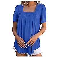 Plus Size Clearance Warehouse Amazon Loose Fit Square Neck T Shirt Ladies Hide Belly Pleated Tops Summer Fashion Plain Tee Flowy Puff Sleeve Blouses Cute Country Concert Outfits