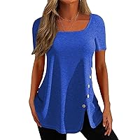 Summer Blouse, Women Short Sleeve Tunic Loose Tops Casual Plus Size Tops Pleated Tunic Button Down Casual Summer Spring