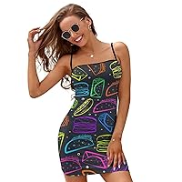Colour Taco and Burger Sundresses for Women Casual Summer Dresses Sexy Slip Dress Backless Mini Dress