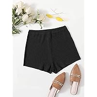 Women's Shorts Knit Solid Shorts (Color : Black, Size : Medium)