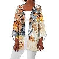 Long Summer Cardigan Kimono Cardigans for Women 2024 Summer Floral Print Draped Open Front with Long Puff Sleeve Cruise Outfits Gold 3X-Large