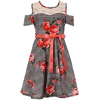 Checker Pattern Off Shoulder Dress Rose Print Flower Girl Dress for Girls
