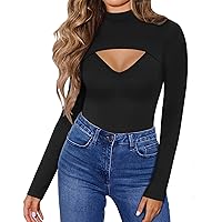 HERLOLLYCHIPS Womens Long Sleeve Tops Cut Out Front Ribbed Fitted Sexy Casual Dressy Fall Tee T-Shirts Tshirt