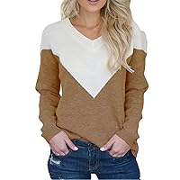 Flygo Women's Color Block V Neck Pullover Sweater Knit Shirt Blouses Tops Jumper