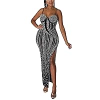 Women's Girls Sexy Rhinestone Spaghetti Strap Bodycon Long Dresses Premium Elegant Night Dress