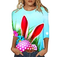 Happy Easter Shirt Women Summer 3/4 Sleeve Cute Bunny Graphic Tees Easter T Shirt Rabbit Eggs Printed Blouse Tops