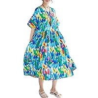 Flygo Womens Baggy Ethnic Printed Calf Length Short Sleeve Cotton Linen Dress