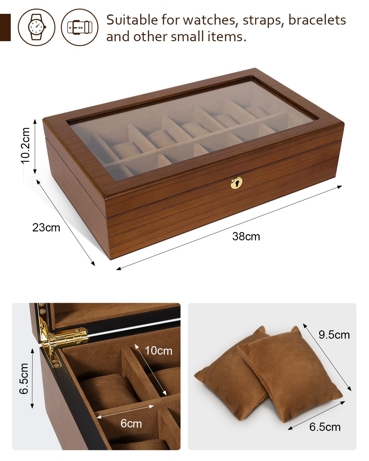 Uten Watch Box with 12 Slots, Watch Case Organizer with Golden Lock and Key, Wooden Watch Display Storage Box with Removable Watch Cushions, Velvet Lining, Metal Clasp, Gift for Men & Women