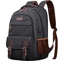 Canvas Travel Laptop Backpack for Men Women, Business Work Rucksack College School Computer Bag Fits 15.6 Inch Notebook,Bookbag with USB Charging Port (Black)
