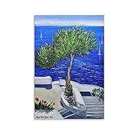 Posters Olive Tree Painting Greece Seascape Tree Wall Art Mediterranean Artwork Canvas Wall Art Prints for Wall Decor Room Decor Bedroom Decor Gifts 08x12inch(20x30cm) Unframe-Style