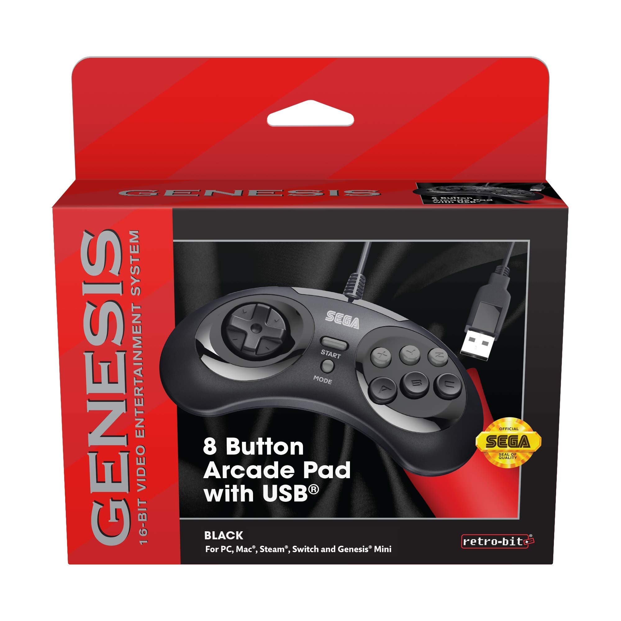 Retro-Bit Official Sega Genesis USB Controller 8-Button Arcade Pad for Sega Genesis Mini, Switch, PC, Mac, Steam, RetroPie, Raspberry Pi - USB Port - Black