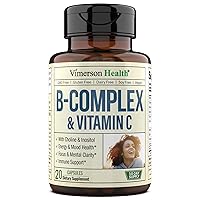 Vitamin B Complex and Vitamin C & Folic Acid - 8 High Potency B Vitamins: B1, B2, B3, B5, B6, B7, Vitamin B12 + Biotin, Choline & Inositol. Aids Mood, Energy, Nervous System & Immune Support. 20 caps