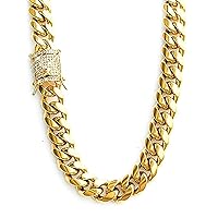 Miami Cuban Link Chain 1ct Diamond Clasp 14K Gold Plated Stainless Steel 12 mm - Men's Jewelry, Mens Necklace, Cuban chains, Thick necklace, Chains for Men, Miami Cuban chains