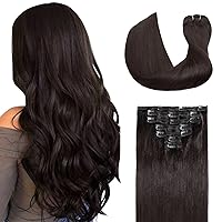 Hairro Real Hair Extensions Clip in Human Hair Dark Brown, 16 Inch 7pcs 120g Long Straight Remy Clip on Hair Extensions Double Weft Natural Virgin Hair Wig for Women Brunette #2 Dark Brown