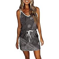 Womens Dresses Printed V-Neck Dress with Pocket Drawstring Dresses Sleeveless Strapless Lightweight Beach Dress