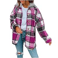 Womens Long Sleeve Woolen Shacket Jacket with Hood Button Down Plaid Hooded Coat Fall Winter Flannel Casual Outwear