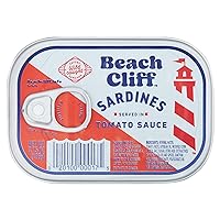 Beach Cliff Wild Caught Sardines in Tomato Sauce, 3.75 oz Can (Pack of 12) - 16g Protein per Serving - Gluten Free, Keto Friendly - Great for Pasta & Seafood Recipes