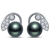9 mm Tahitian Cultured Pearl and 0.376 carat total weight diamond accent Earring in 14KT White Gold