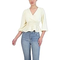 BCBGeneration Women's Fit and Flare Top 3/4 Puff Sleeve Smocked Waist Surplice Neck Shirt