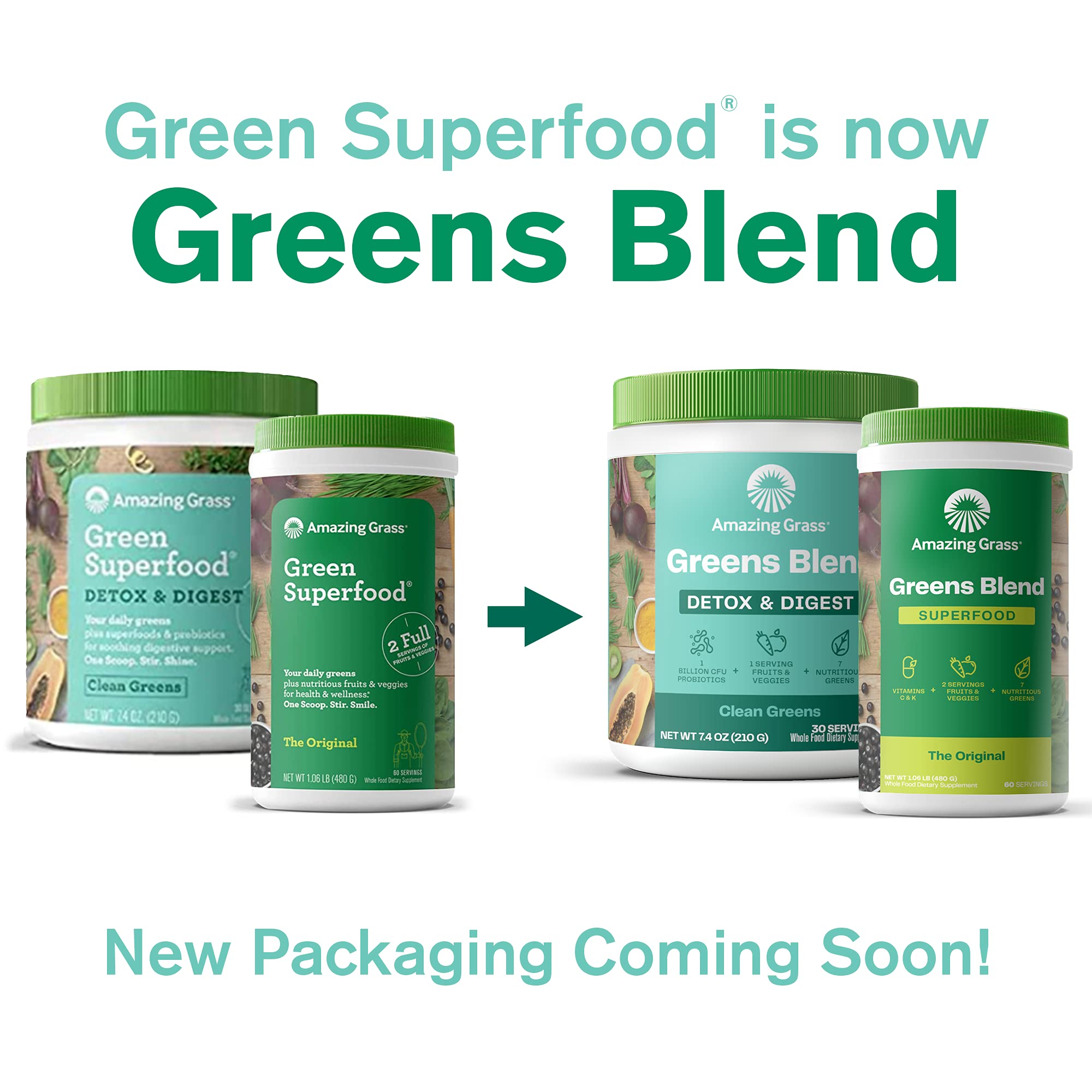 Amazing Grass Green Superfood: Super Greens Powder with Spirulina, 60 Servings & Green Superfood Detox & Digest: Cleanse with Super Greens Powder, Digestive Enzymes & Probiotics, 30 Servings