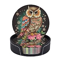 Coasters for Drinks 6 Pcs Round Leather Coasters Anime Owl Drink Coasters with Holder Waterproof Coaster Sets Heat Resistant Cup Pads Mug Cup Mats for Kitchen Bar Living Room Home Decor