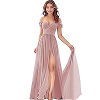 Women's Off-Shoulder Bridesmaid Dresses - Chiffon Formal Dress Evening Gown for Wedding with Silt