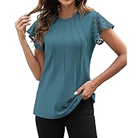 Funlingo Women's Summer Tops Lace Flutter Short Sleeve Tee Shirts 2024 Dressy Casual Pleated Crew Neck Knitted Tunic Blouse