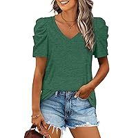 Womens Summer Shirt V Neck Casual Tshirts Puff Sleeve Tops for Women Solid Color XS-3XL