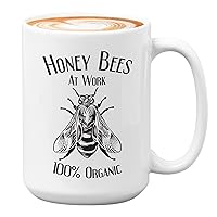 Bees Coffee Mug 15oz White - Honey bees at work 100% organic - Animal Zoo Sweet Pottery For Bee Honey Lovers Women Men Bestfriend Coworker