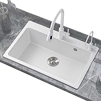 White Quartz Stone Sink Large Single Bowl Kitchen Sink Granite Sink Drop-In Washing Bowl with Pull Out Faucet and Water Purification Faucet Combo, White