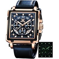OLEVS Square Watches for Men Leather Multifunctional Chronograph Fashion Business Dress Analog Quartz Wrist Watches Luminous Waterproof