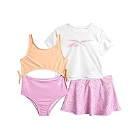 Reebok Girls' Bathing Suit Set - 3 Piece Quick Dry T-Shirt and Skirt with One Piece Cut Out Monokini Swimsuit - Swimwear Set