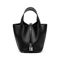 Women Genuine Leather Bucket Bag Fashion Silver Lock Design Top Handle Handbag Ladies Daily Casual Work Small Satchel