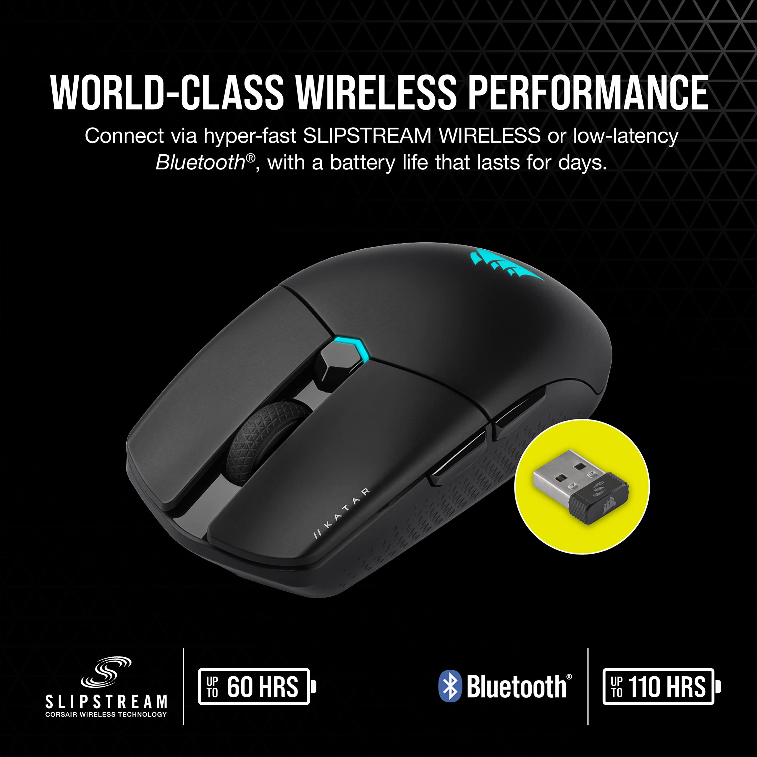 Corsair KATAR Elite Wireless Gaming Mouse - Ultra Lightweight, Marksman 26,000 DPI Optical Sensor, Sub-1ms Slipstream Wireless Connection, Up to 110 Hours of Rechargeable Battery Life - Black