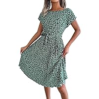 Summer Dresses for Women 2024 Ditsy Floral Print Batwing Sleeve Pleated Hem Belted Dress