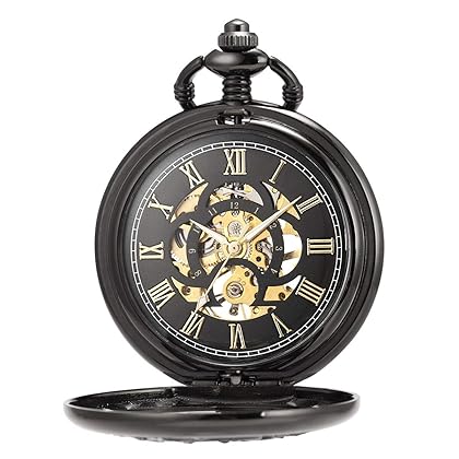 ManChDa Antique Mechanical Pocket Watches for Men Lucky Dragon Phoenix Pocket Watch with Chain Black Skeleton Dial Roman Numberals Gifts for Fathers Day