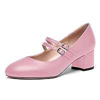 Womens Mary Jane Dating Solid Matte Adjustable Strap Round Toe Cute Slip On Block Low Heel Pumps Shoes 2 Inch