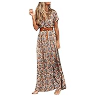 Maxi Dress for Women,Summer Dress Elegant Floral Print Belted Short Sleeve Casual Long Dress Plus Size Boho Dress