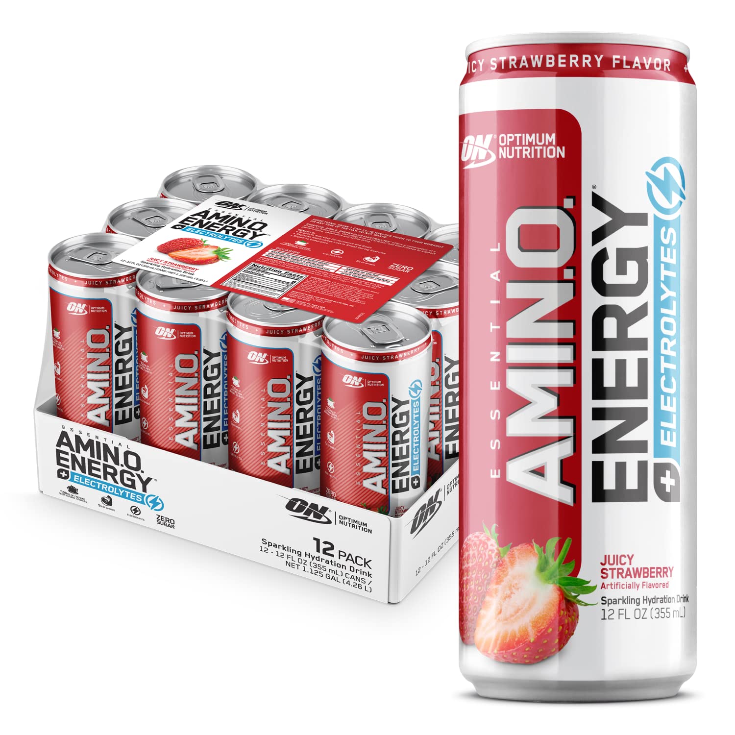 Optimum Nutrition Amino Energy Drink + Electrolytes for Hydration - Sugar Free, Amino Acids, BCAA, Keto Friendly, Sparkling Drink - Juicy Strawberry, Pack of 12 (Packaging May Vary)