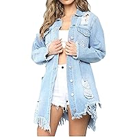 Women Ripped Destroyed Classic Cut-Out Hollow Out Mid Length Denim Jacket Trench Coat