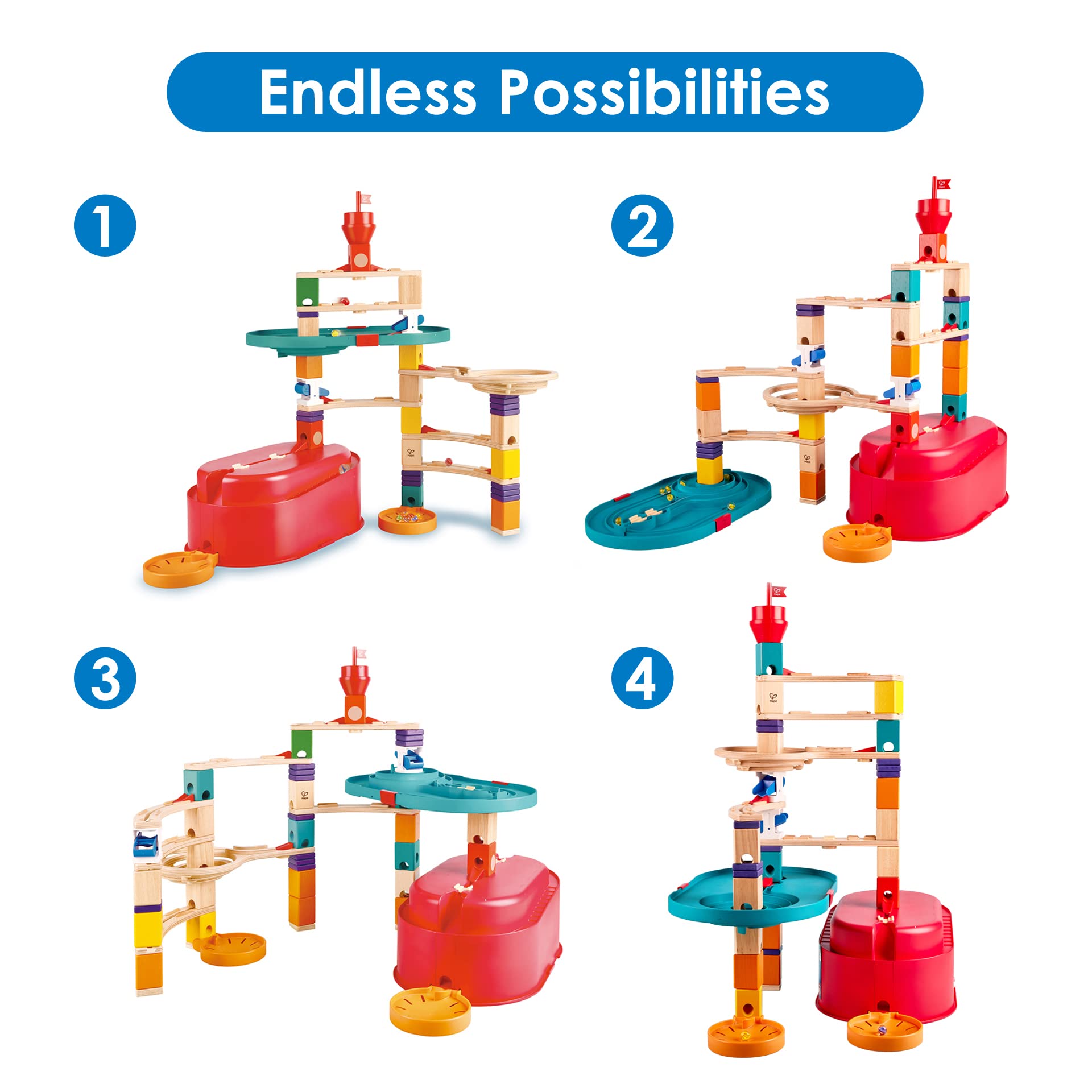 Hape 90 Piece Quadrilla Stack Track Bucket Box Marble Race Building Set for Children Ages 4 and Up with 25 Marbles for STEAM Learning