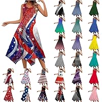 Summer Dresses for Women 2024 Sleeveless Crew Neck Casual Tank Dress Midi Handkerchief Hem Flowy Beach Sundress