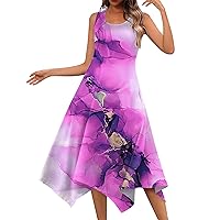 Round Neck Dress Ladies Casual Sleeveless Fashion Floral Print Womens Irregular Hem Loose Weekend 2024 Midi Dress