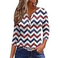 4Th of July Tops for Women 3/4 Length Sleeve Top Patriotic Printed Graphic Tees Sexy V Neck Shirts Button Down Blouses