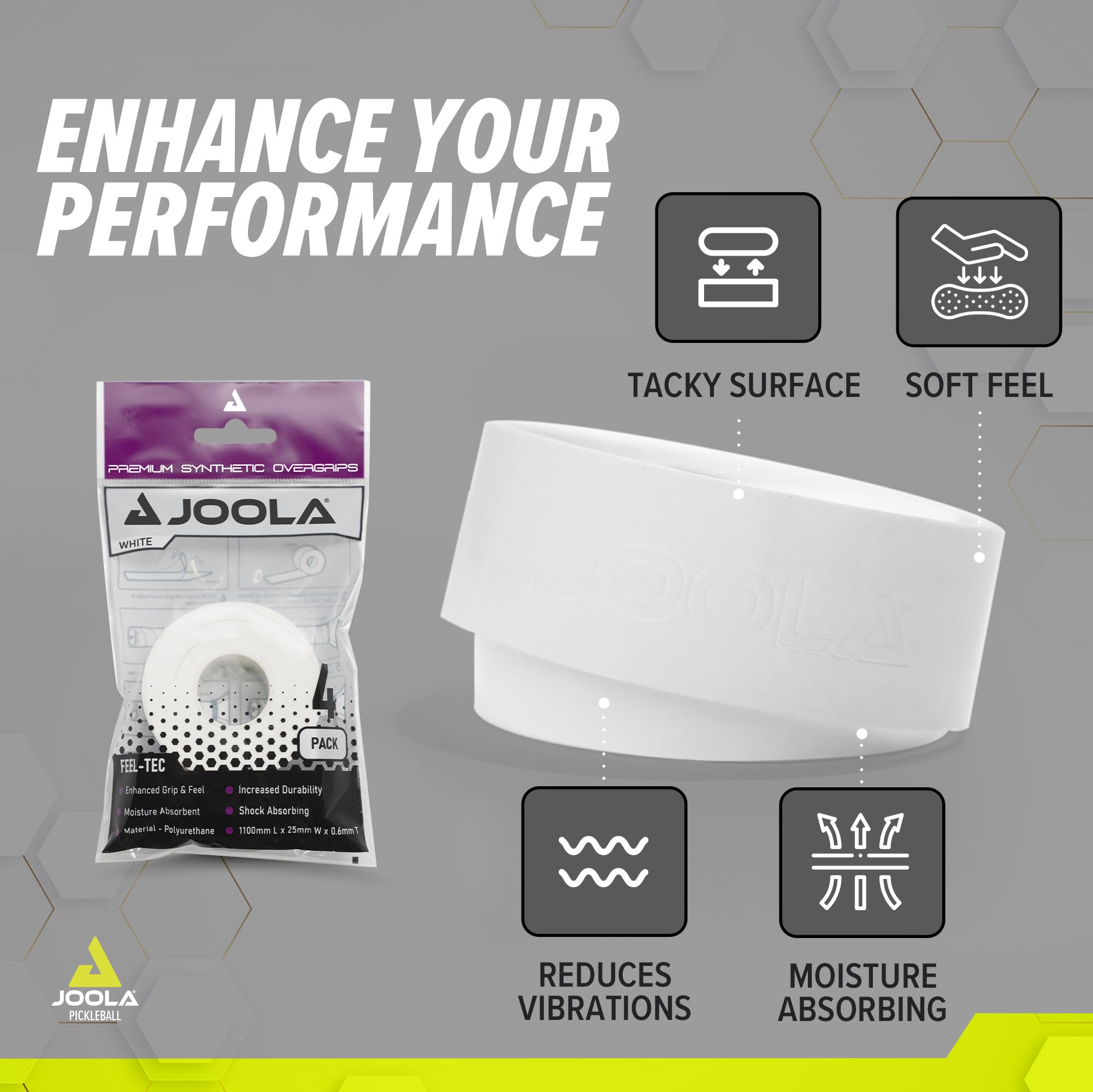 JOOLA Pickleball Overgrip - Tacky Feel Premium Synthetic Overgrips - Set of 4 - Pickleball Grip Tape for Any Brand Racket - Anti Slip Pickleball Tape Fits Elongated, Standard & Skinny Handles,White
