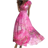 Summer Dresses for Women Trendy Short Sleeves V Neck Maxi Dress Elegant Flowy Beach Dress Floral Print Sundresses