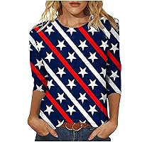 4Th of July Shirt for Women 3/4 Sleeve Patriotic T-Shirt Flag Print Tops Crew Neck Cozy Pullover Tee Casual Blouses Red White and Blue Outfits for Women 4Th of July Flip Flops for Women