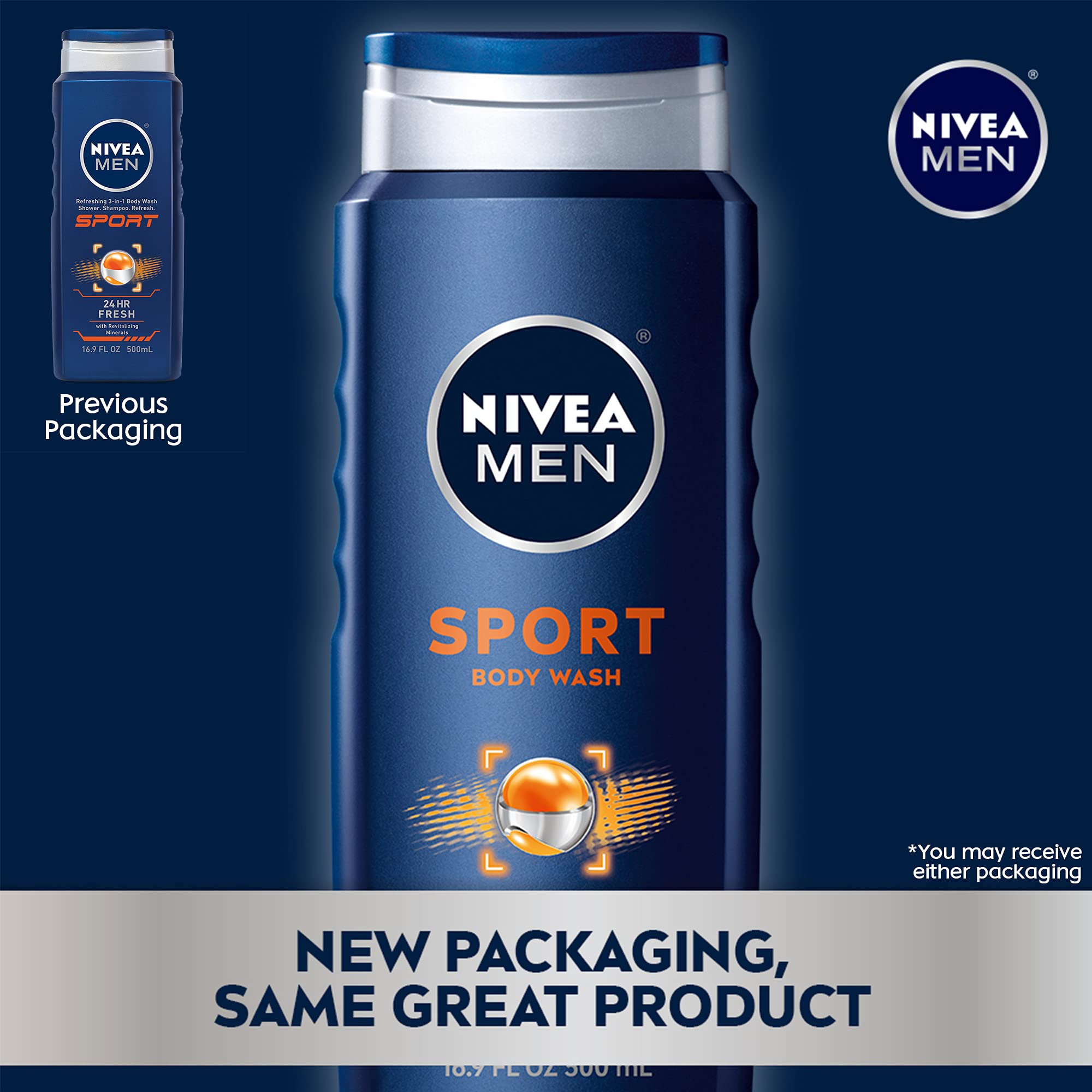 Nivea Men Sport Body Wash with Revitalizing Minerals, 16.9 Fl Oz Bottle (Pack of 2)