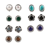 NOVICA Handmade Gemstone Stud Earrings from India Set of 7 .925 Sterling Silver Cultured Freshwater Pearl Multigem Lapis Lazuli Birthstone 'Everyday Pairs'